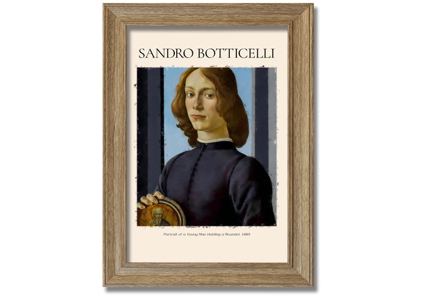 A detailed reproduction of Botticelli's Portrait Of A Young Man Holding A Roundel, showcasing vibrant colors and intricate details.